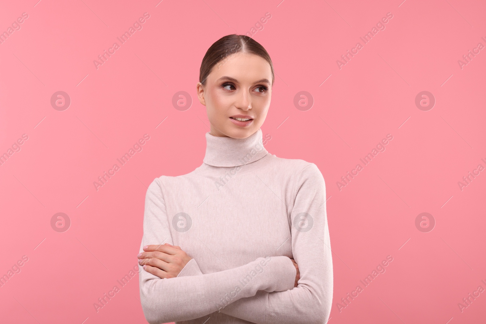 Portrait of beautiful young woman on pink background, Photo of Portrait of beautiful young woman on pink background,