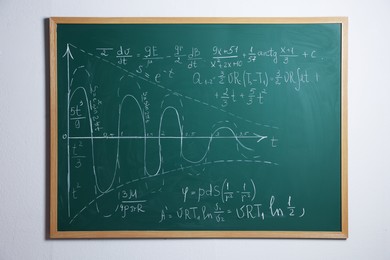 Photo of Blackboard with different mathematical formulas on white wall