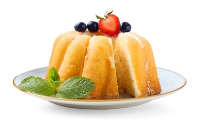 Photo of Tasty bundt cake with powdered sugar, berries and mint isolated on white