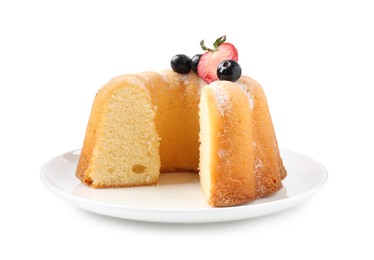 Photo of Tasty bundt cake with powdered sugar and berries isolated on white