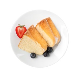 Photo of Pieces of tasty bundt cake with berries isolated on white, top view