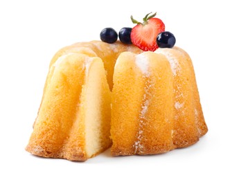 Photo of Tasty bundt cake with powdered sugar and berries isolated on white