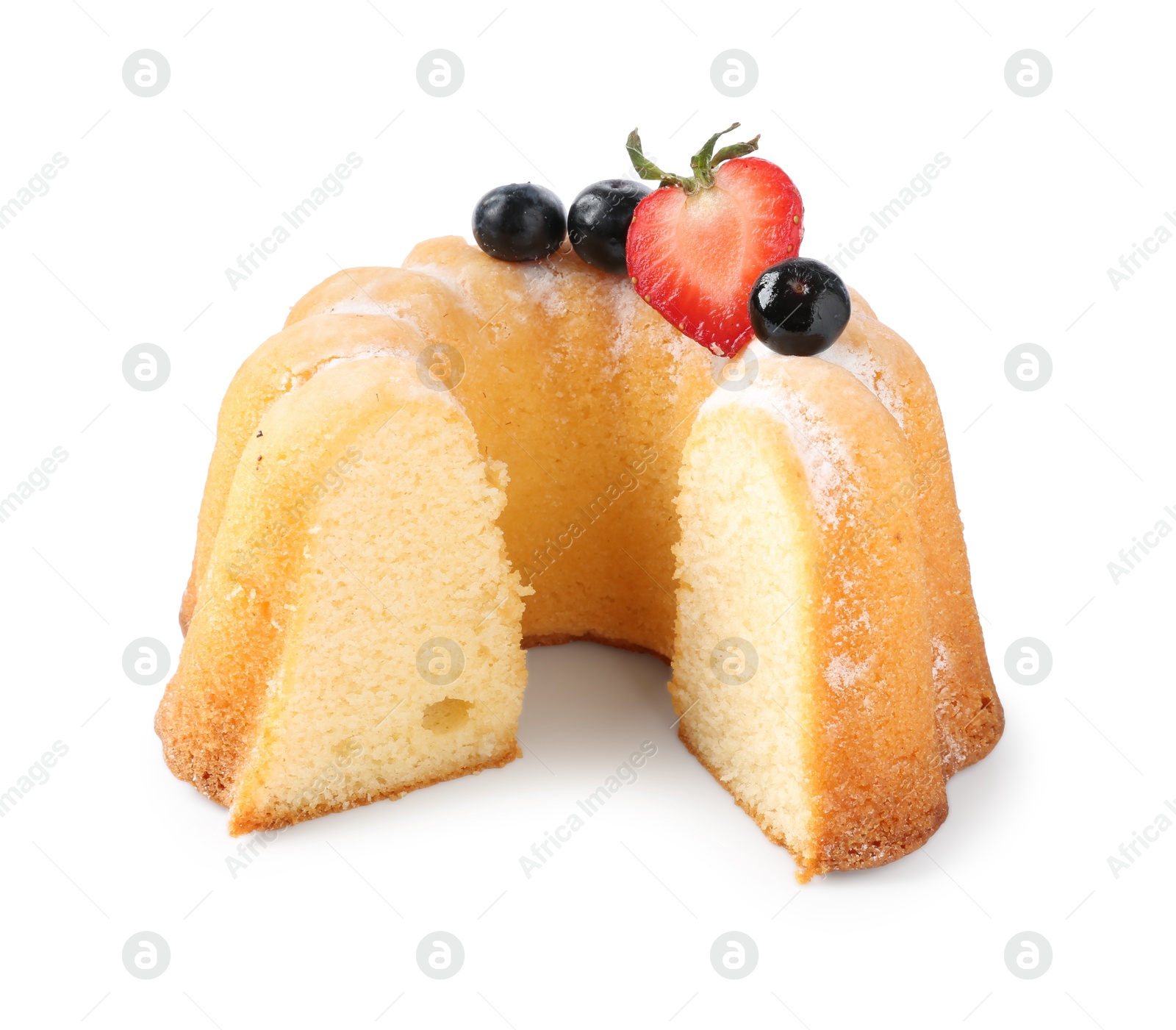 Photo of Tasty bundt cake with powdered sugar and berries isolated on white