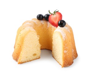 Photo of Tasty bundt cake with powdered sugar and berries isolated on white