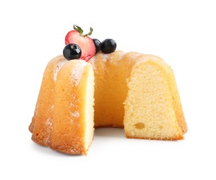 Photo of Tasty bundt cake with powdered sugar and berries isolated on white