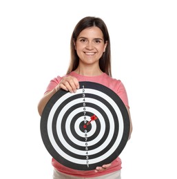 Photo of Targeting. Smiling woman with dart board and arrow on white background