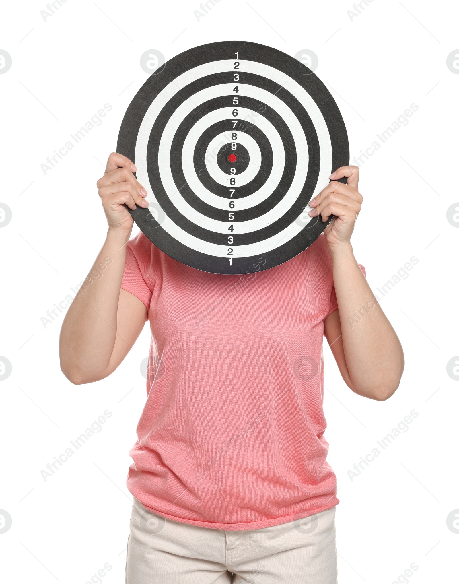 Targeting. Woman hiding behind dart board on white background Photo of Targeting. Woman hiding behind dart board on white background