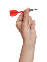 Photo of Targeting. Woman with dart on white background, closeup