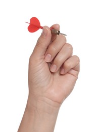 Photo of Targeting. Woman with dart on white background, closeup