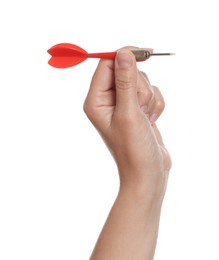 Photo of Targeting. Woman with dart on white background, closeup