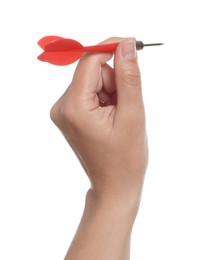 Photo of Targeting. Woman with dart on white background, closeup
