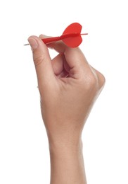 Photo of Targeting. Woman with dart on white background, closeup