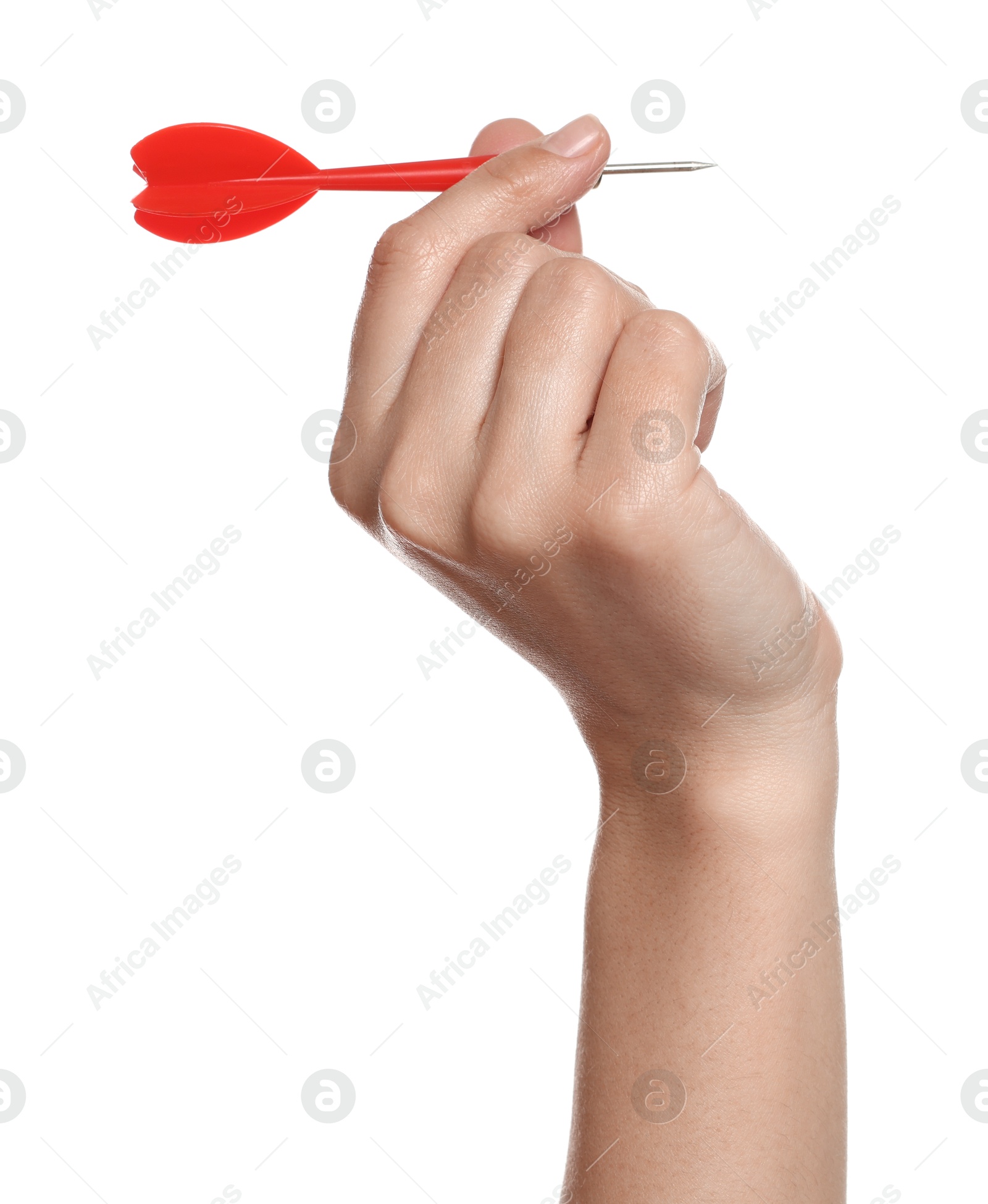 Targeting. Woman with dart on white background, closeup Photo of Targeting. Woman with dart on white background, closeup