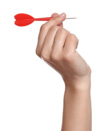 Photo of Targeting. Woman with dart on white background, closeup