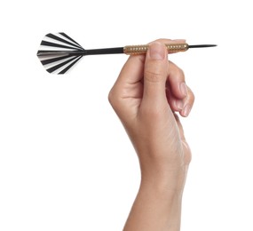 Photo of Targeting. Woman with dart on white background, closeup
