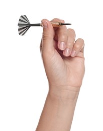 Photo of Targeting. Woman with dart on white background, closeup