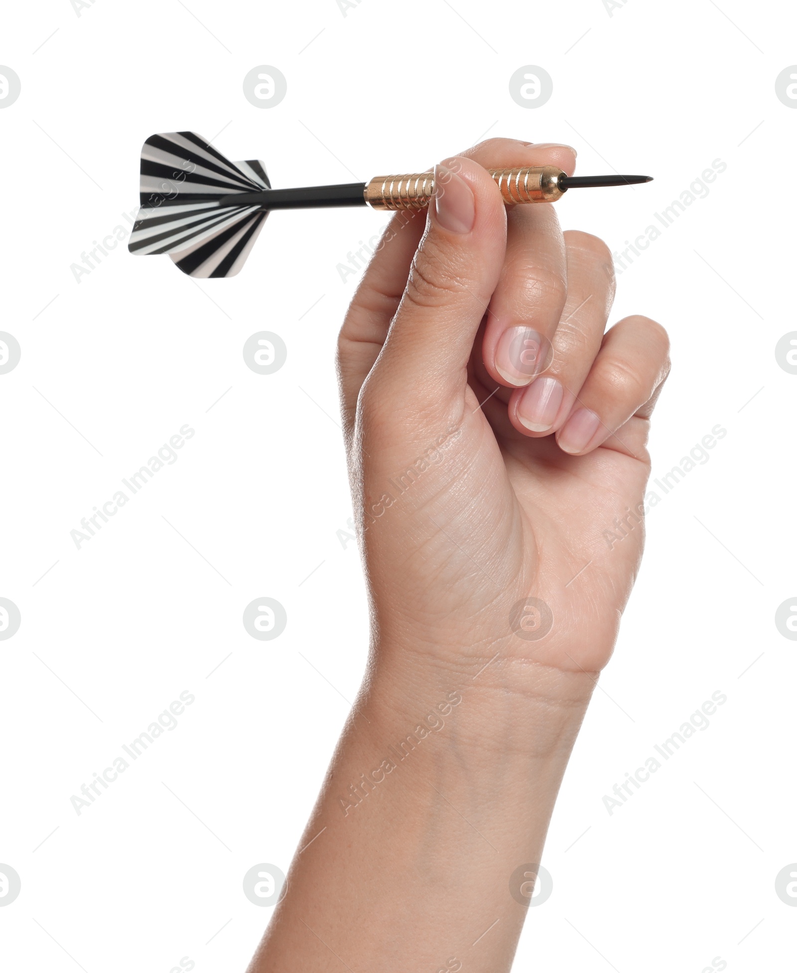 Targeting. Woman with dart on white background, closeup Photo of Targeting. Woman with dart on white background, closeup