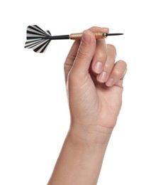 Photo of Targeting. Woman with dart on white background, closeup