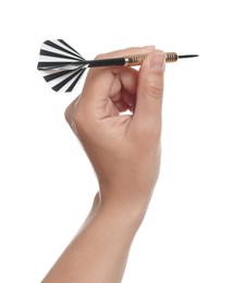 Photo of Targeting. Woman with dart on white background, closeup