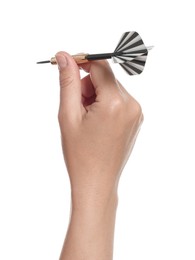Photo of Targeting. Woman with dart on white background, closeup