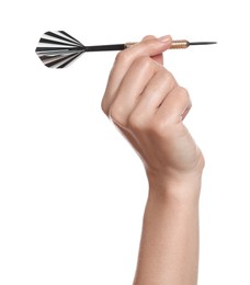 Photo of Targeting. Woman with dart on white background, closeup