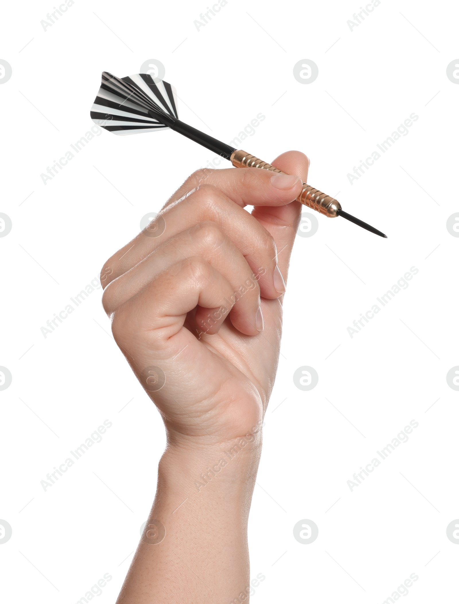 Targeting. Woman with dart on white background, closeup Photo of Targeting. Woman with dart on white background, closeup