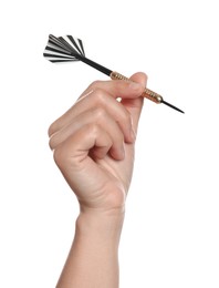 Photo of Targeting. Woman with dart on white background, closeup