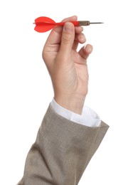 Photo of Targeting. Woman with dart on white background, closeup
