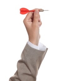 Photo of Targeting. Woman with dart on white background, closeup