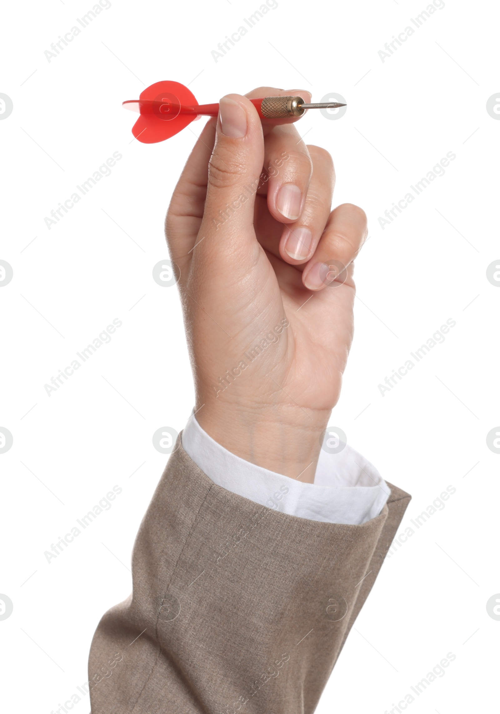 Targeting. Woman with dart on white background, closeup Photo of Targeting. Woman with dart on white background, closeup