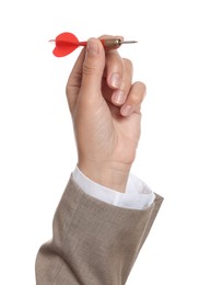 Photo of Targeting. Woman with dart on white background, closeup