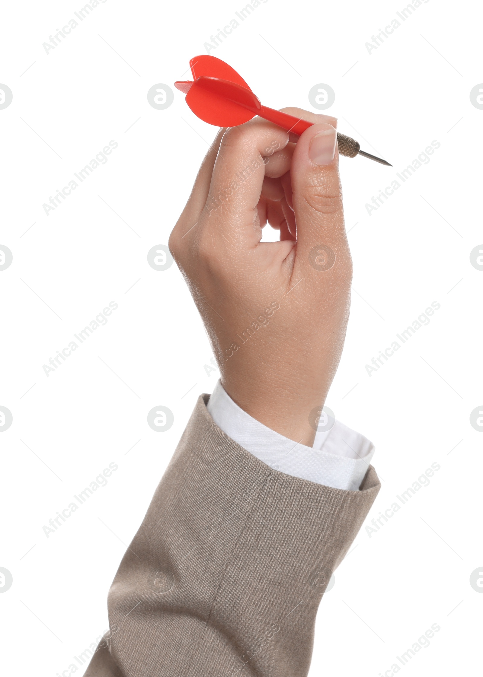 Targeting. Woman with dart on white background, closeup Photo of Targeting. Woman with dart on white background, closeup