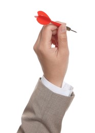 Photo of Targeting. Woman with dart on white background, closeup