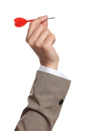 Photo of Targeting. Woman with dart on white background, closeup
