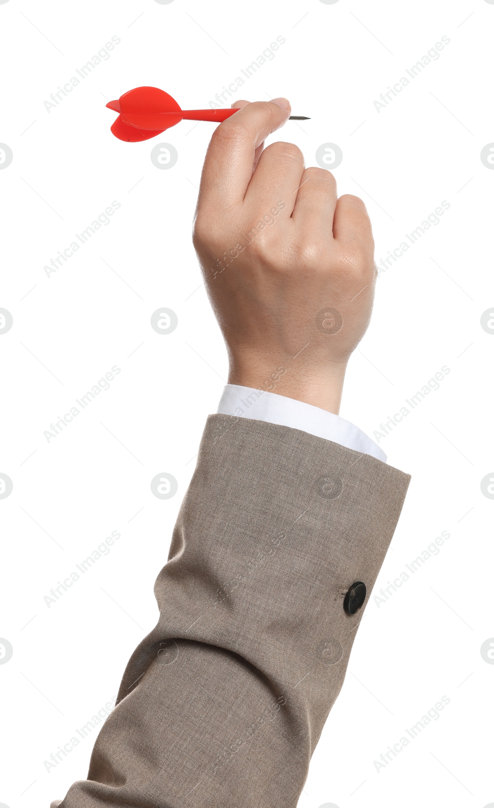 Targeting. Woman with dart on white background, closeup Photo of Targeting. Woman with dart on white background, closeup