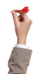 Photo of Targeting. Woman with dart on white background, closeup