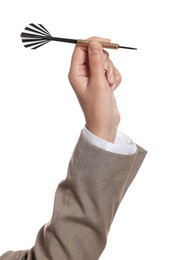 Photo of Targeting. Woman with dart on white background, closeup