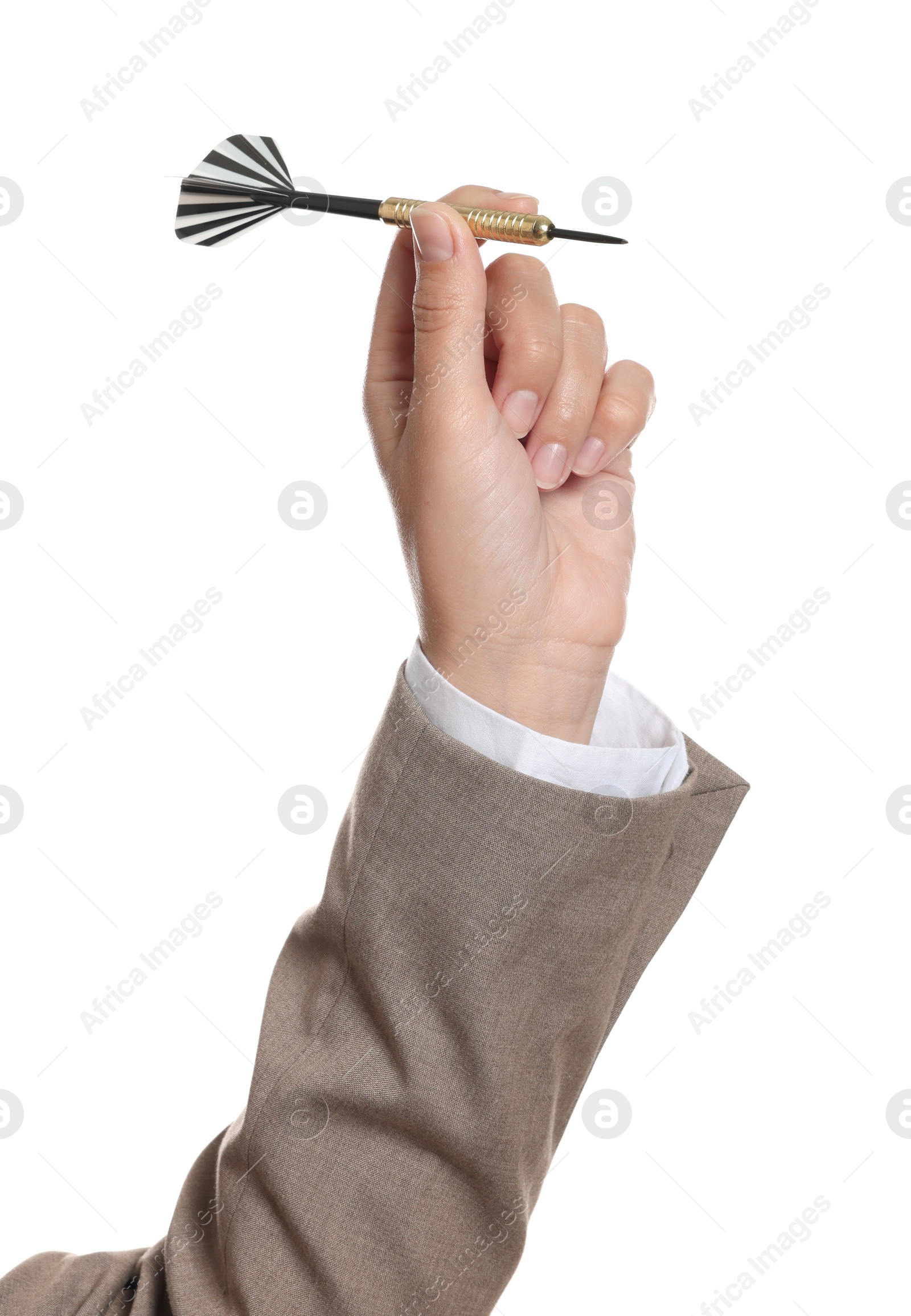 Targeting. Woman with dart on white background, closeup Photo of Targeting. Woman with dart on white background, closeup