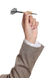 Photo of Targeting. Woman with dart on white background, closeup
