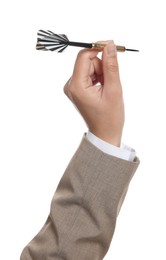 Photo of Targeting. Woman with dart on white background, closeup