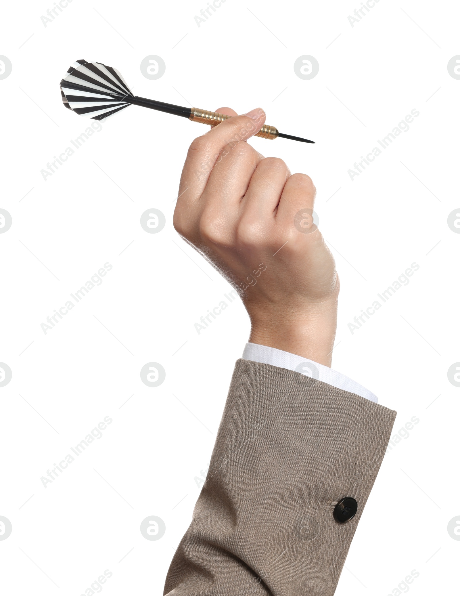 Targeting. Woman with dart on white background, closeup Photo of Targeting. Woman with dart on white background, closeup