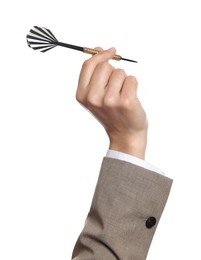 Photo of Targeting. Woman with dart on white background, closeup