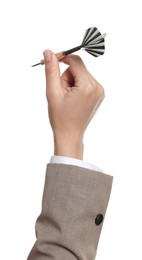 Photo of Targeting. Woman with dart on white background, closeup