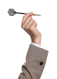 Photo of Targeting. Woman with dart on white background, closeup