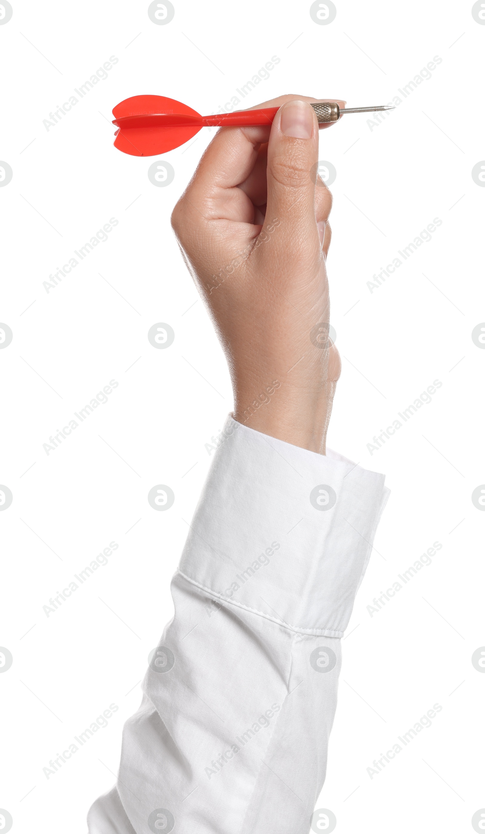 Targeting. Woman with dart on white background, closeup Photo of Targeting. Woman with dart on white background, closeup
