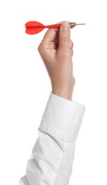 Photo of Targeting. Woman with dart on white background, closeup