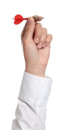 Photo of Targeting. Woman with dart on white background, closeup