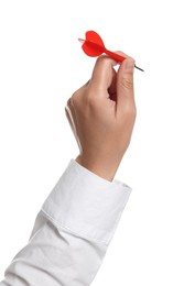 Photo of Targeting. Woman with dart on white background, closeup