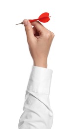 Photo of Targeting. Woman with dart on white background, closeup