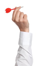 Photo of Targeting. Woman with dart on white background, closeup